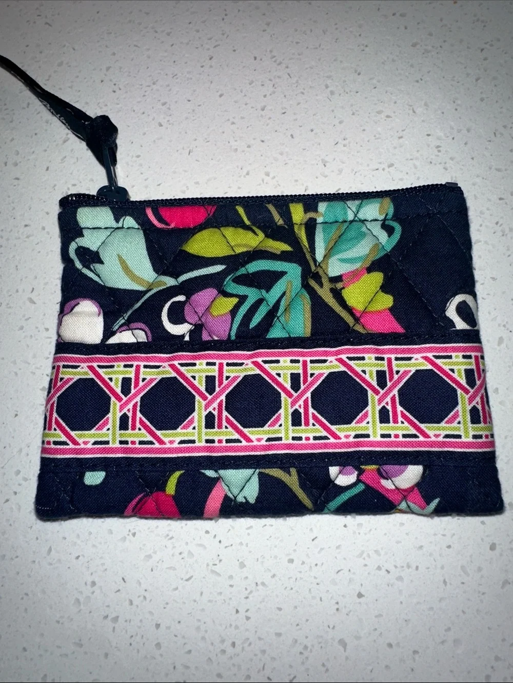 Vera Bradley Navy Quilted Coin Pouch with Pink & Teal Floral - Picture 1 of 3